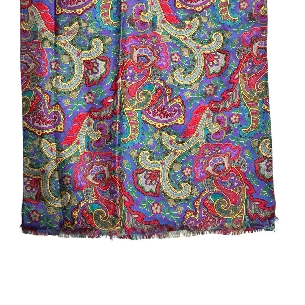 Vintage Greens and Pinks Paisley Silk long trimmed scarf